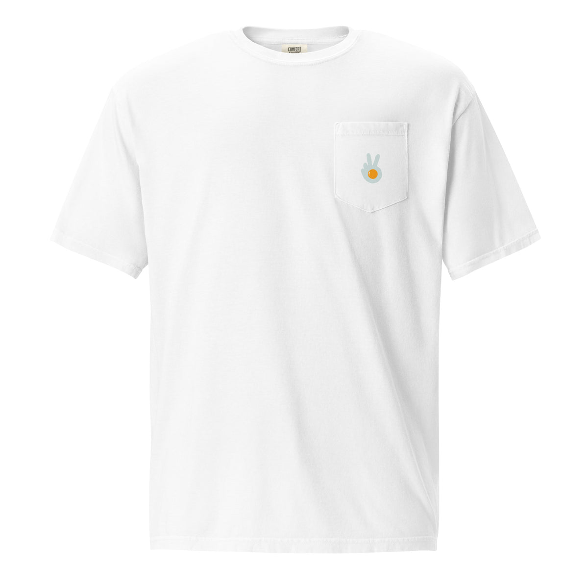 Pocket t-shirt, white, front, "Peace & Yolk" print on the pocket