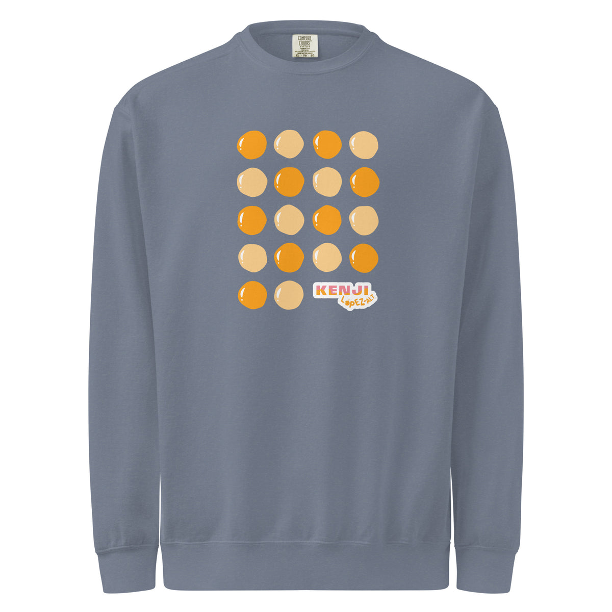 Crewneck sweatshirt, blue jean, front, "Egg Yolk Grid" print