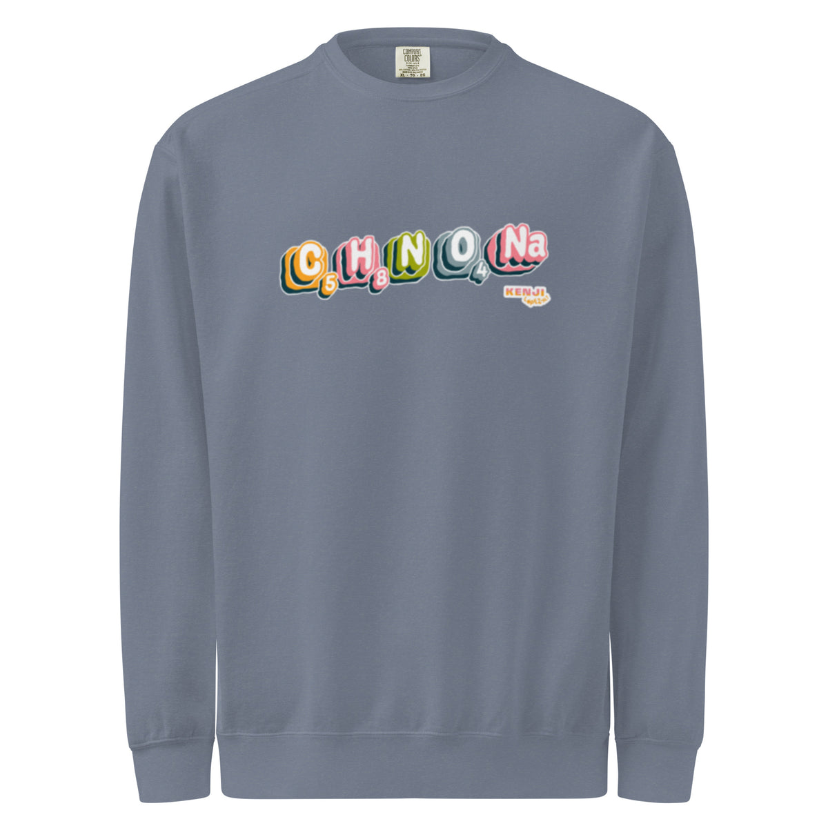 Crewneck sweatshirt, blue jean, front, "MSG Chemical Compound" print
