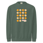 Crewneck sweatshirt, blue spruce, front, "Egg Yolk Grid" print