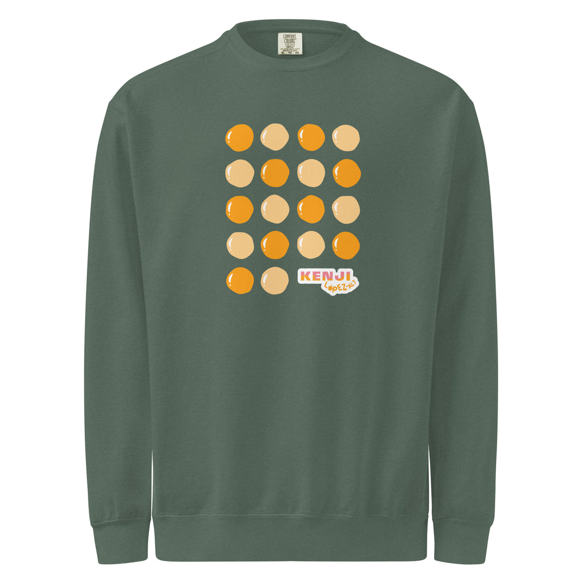 Crewneck sweatshirt, blue spruce, front, "Egg Yolk Grid" print