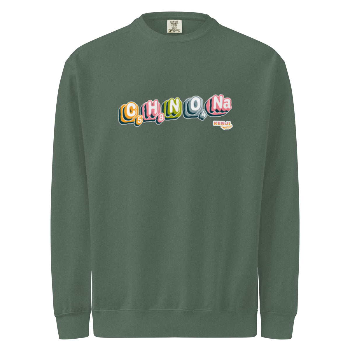 Crewneck sweatshirt, blue spruce, front, "MSG Chemical Compound" print