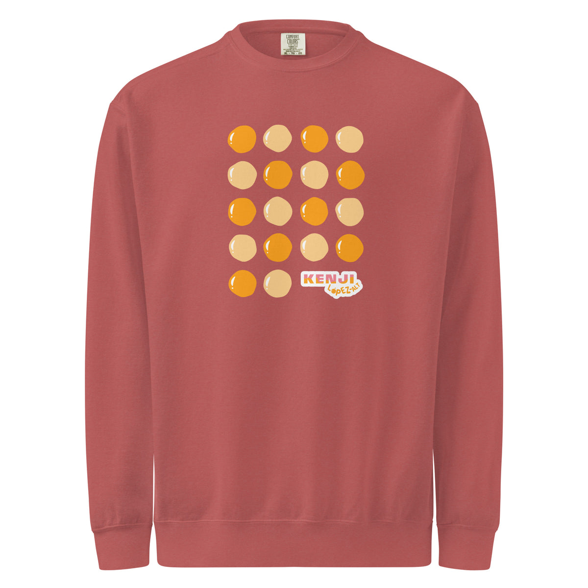 Crewneck sweatshirt, crimson, front, "Egg Yolk Grid" print