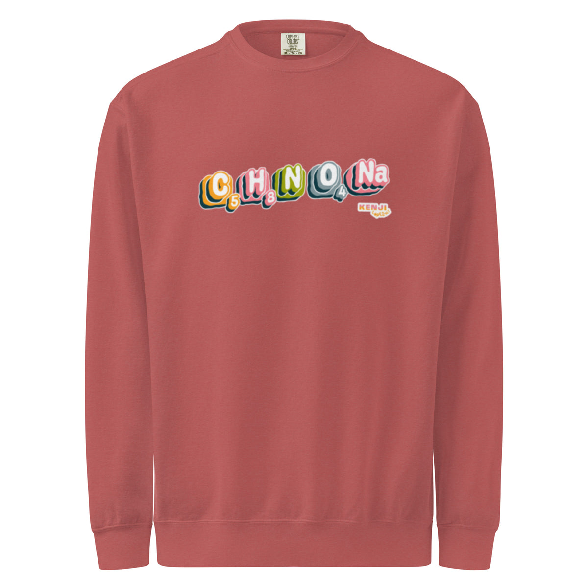 Crewneck sweatshirt, crimson, front, "MSG Chemical Compound" print