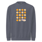Crewneck sweatshirt, denim, front, "Egg Yolk Grid" print