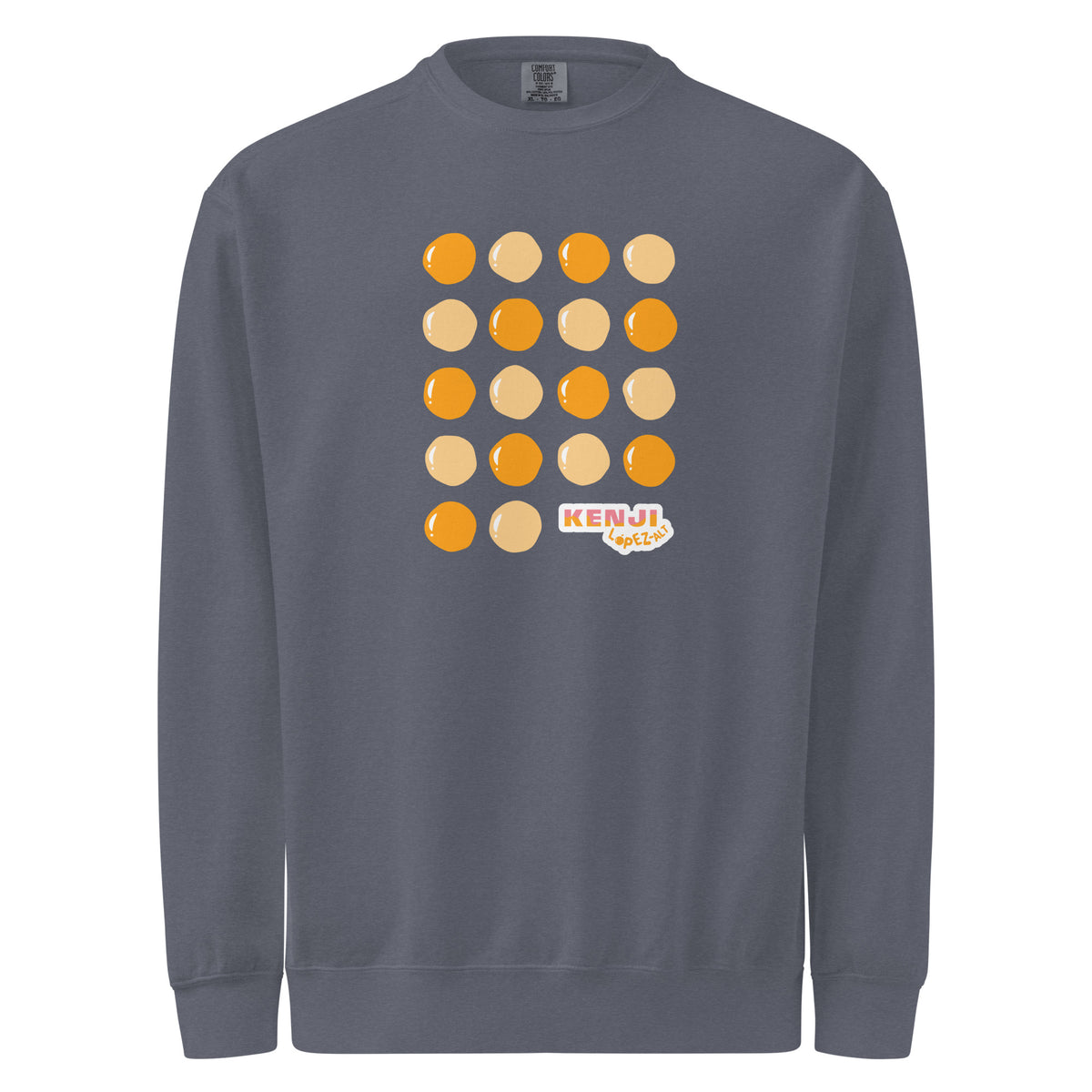 Crewneck sweatshirt, denim, front, "Egg Yolk Grid" print