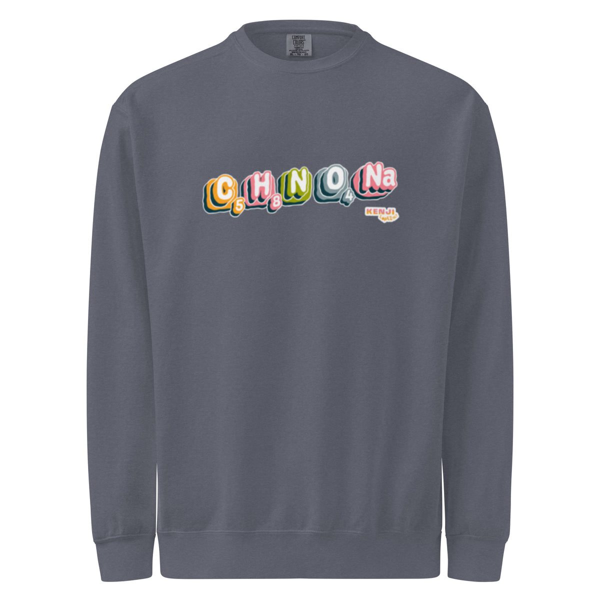 Crewneck sweatshirt, denim, front, "MSG Chemical Compound" print