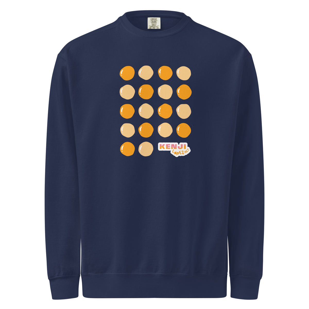 Crewneck sweatshirt, true navy, front, "Egg Yolk Grid" print