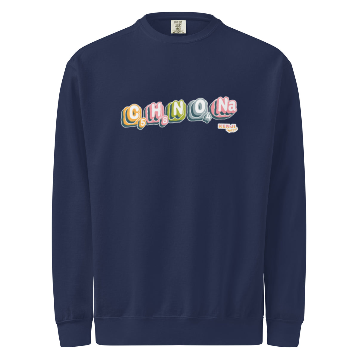 Crewneck sweatshirt, true navy, front, "MSG Chemical Compound" print