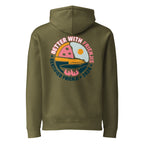 Hoodie, army green, back, "Better with Frienjis" print