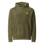 Hoodie, army green, front, "egg yolk" print