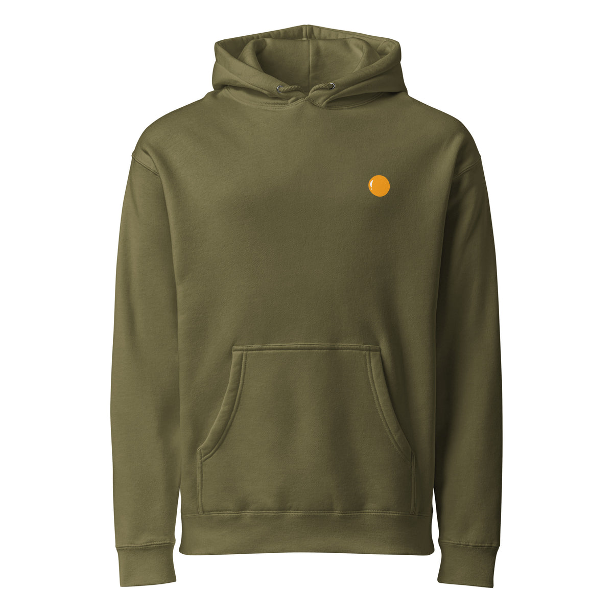 Hoodie, army green, front, "egg yolk" print