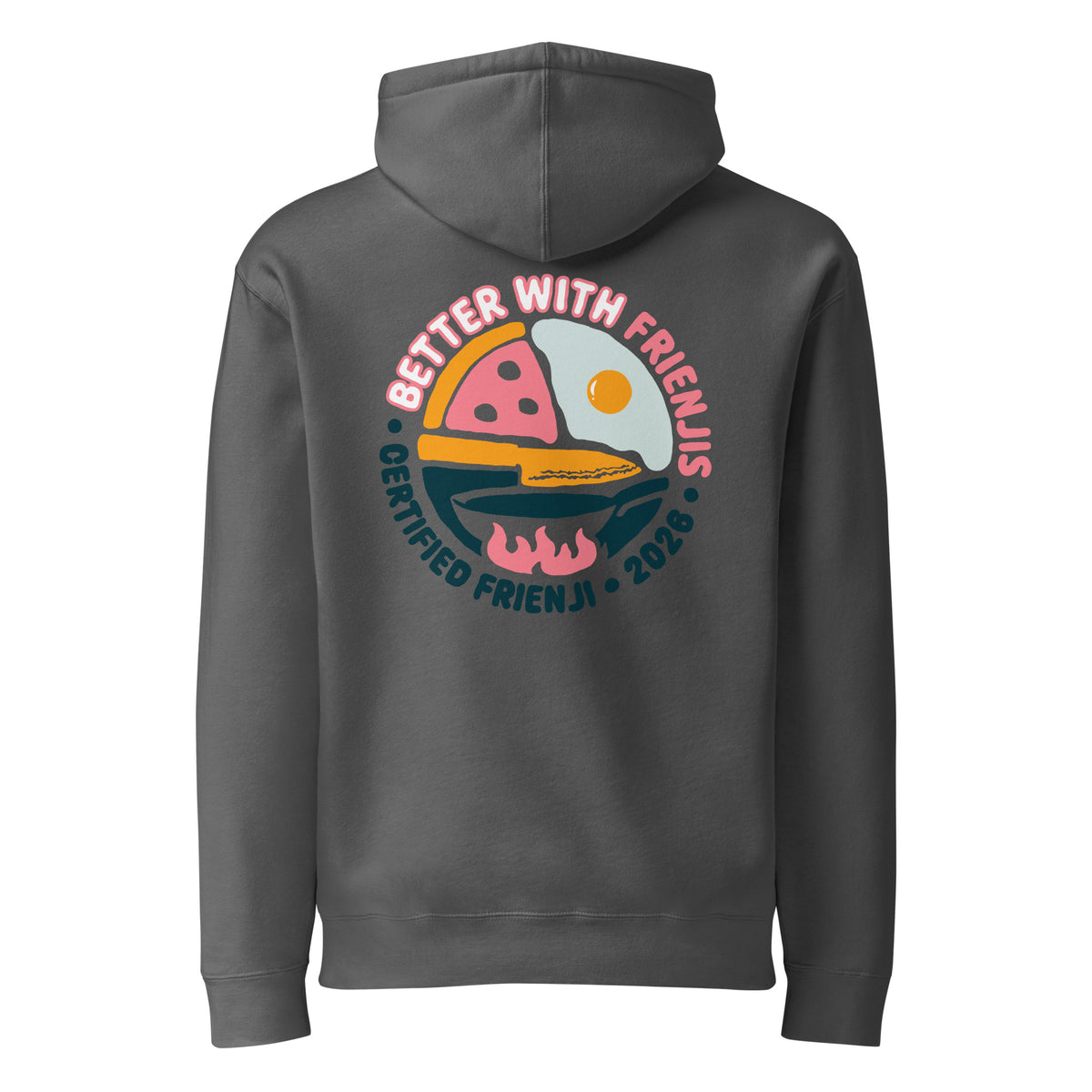 Hoodie, charcoal, back, "Better with Frienjis" print