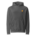 Hoodie, charcoal, front, "egg yolk" print