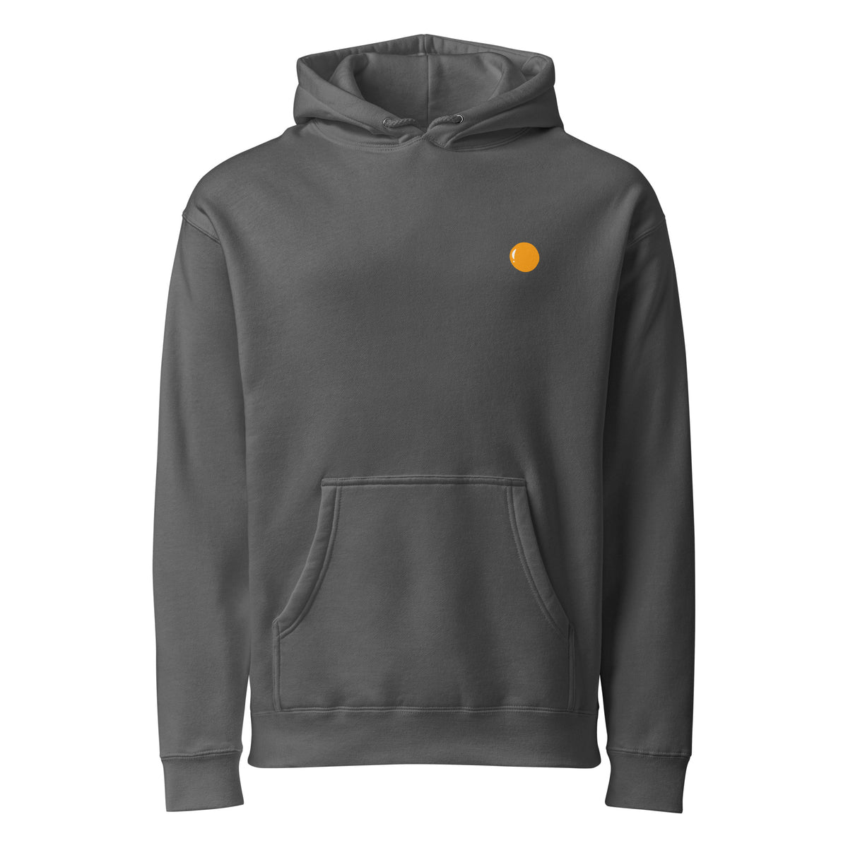 Hoodie, charcoal, front, "egg yolk" print