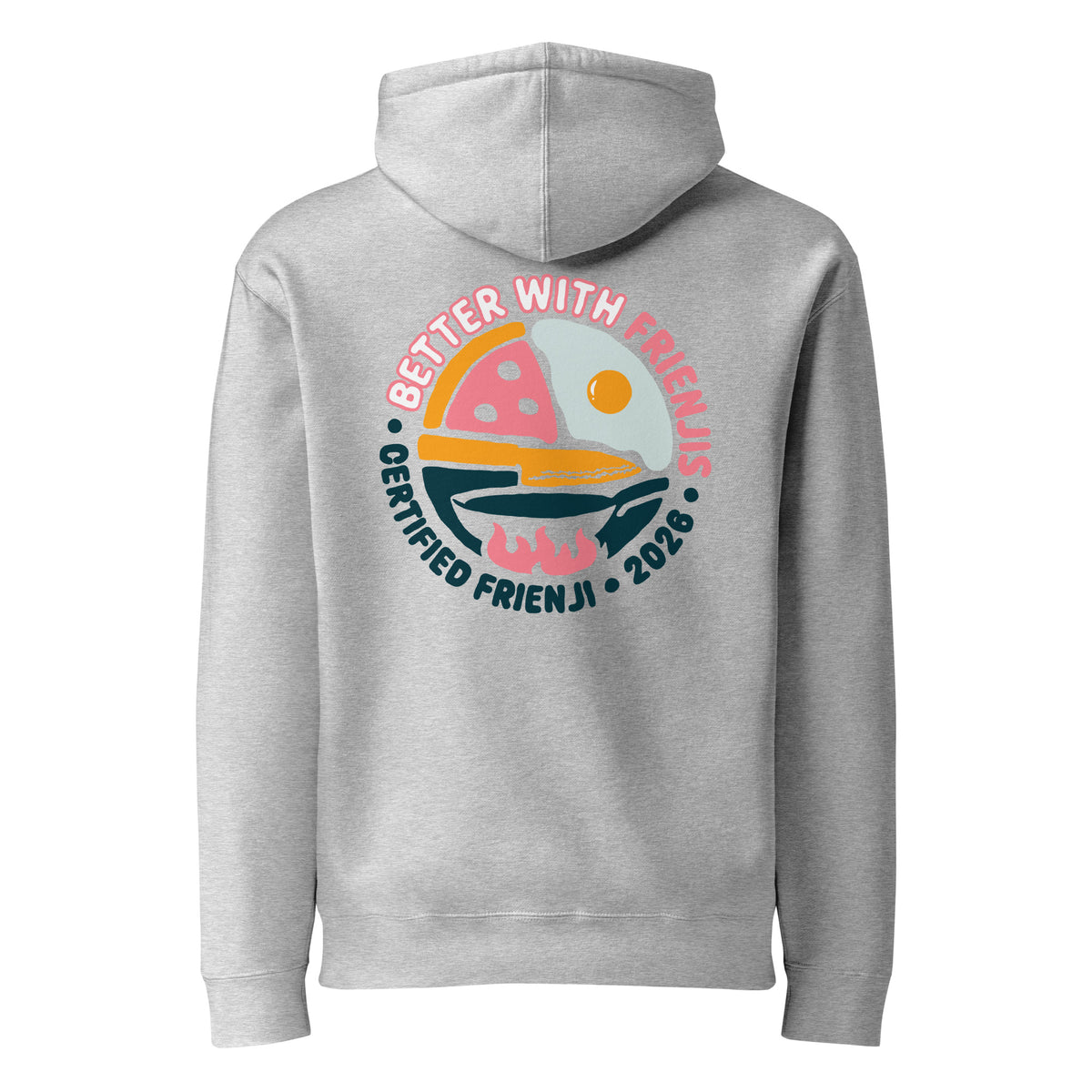 Hoodie, heather grey, back, "Better with Frienjis" print