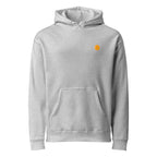 Hoodie, heather grey, front, "egg yolk" print