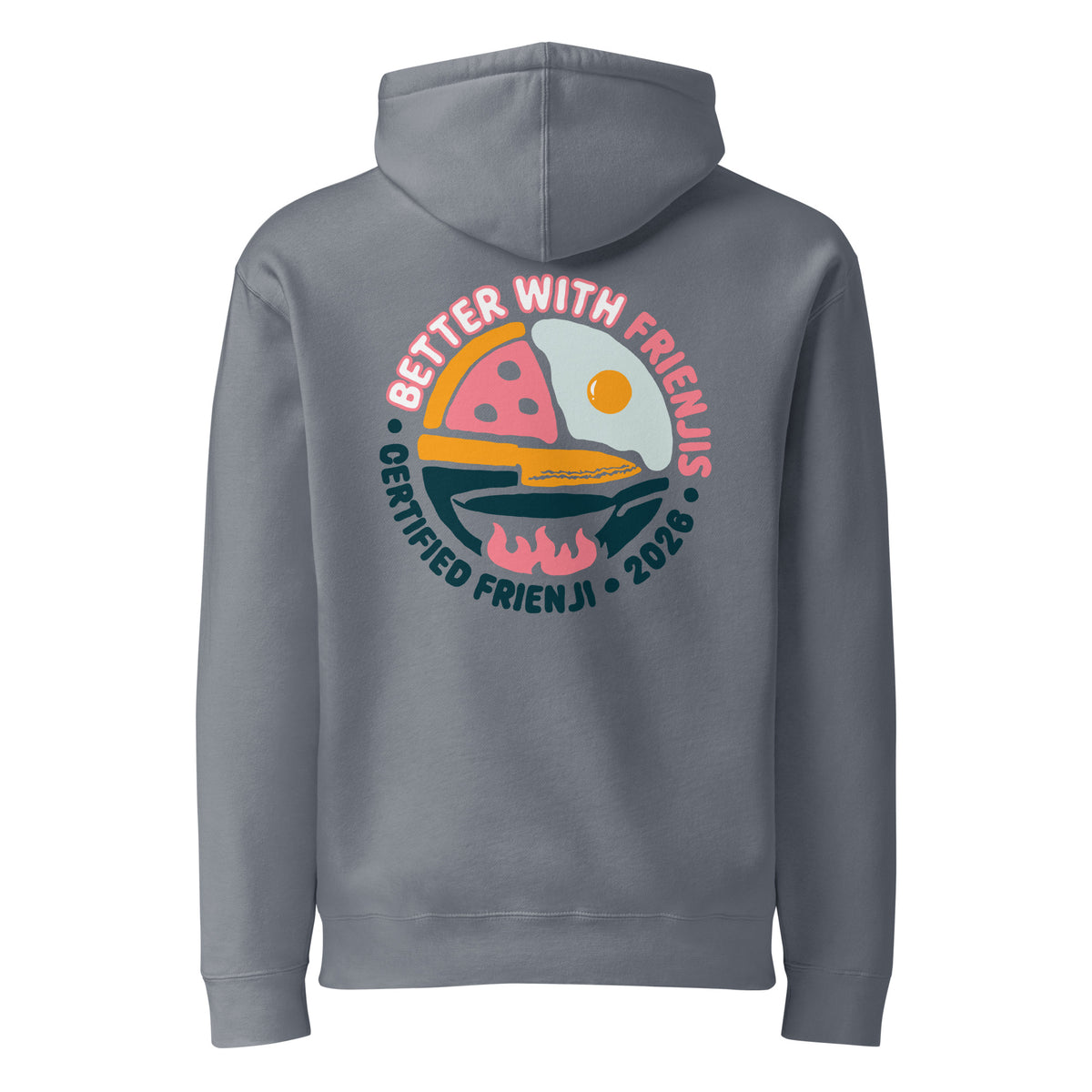 Hoodie, storm blue, back, "Better with Frienjis" print
