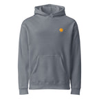 Hoodie, storm blue, front, "egg yolk" print